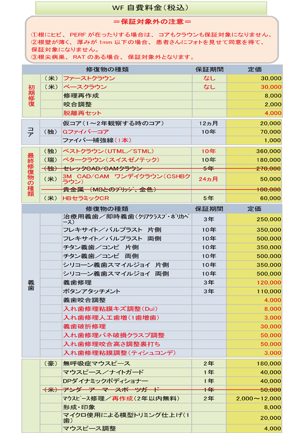自費料金表